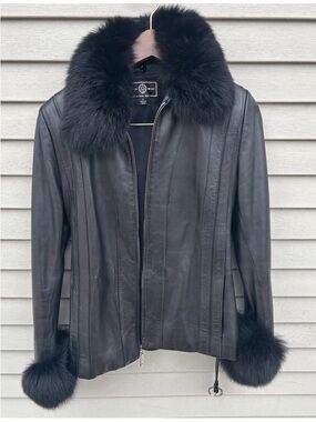 St John Sport Black Leather Jacket Fur Trim Belt Size P